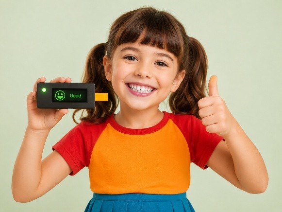 Kind mit CarioScan-Gerät zeigt Daumen hoch